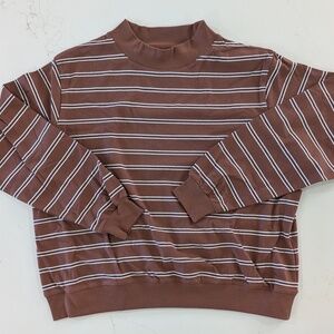 PARKE Striped Mockneck Pullover Women L/XL Mocha Brown Tonal Stripe Cotton NWT